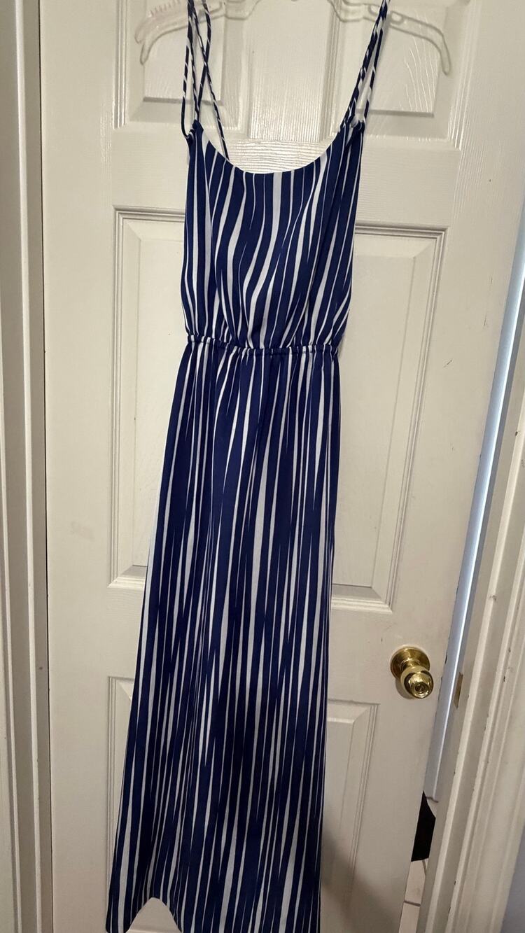 Banana Republic Navy Blue & White Vertical Striped Maxi Sundress